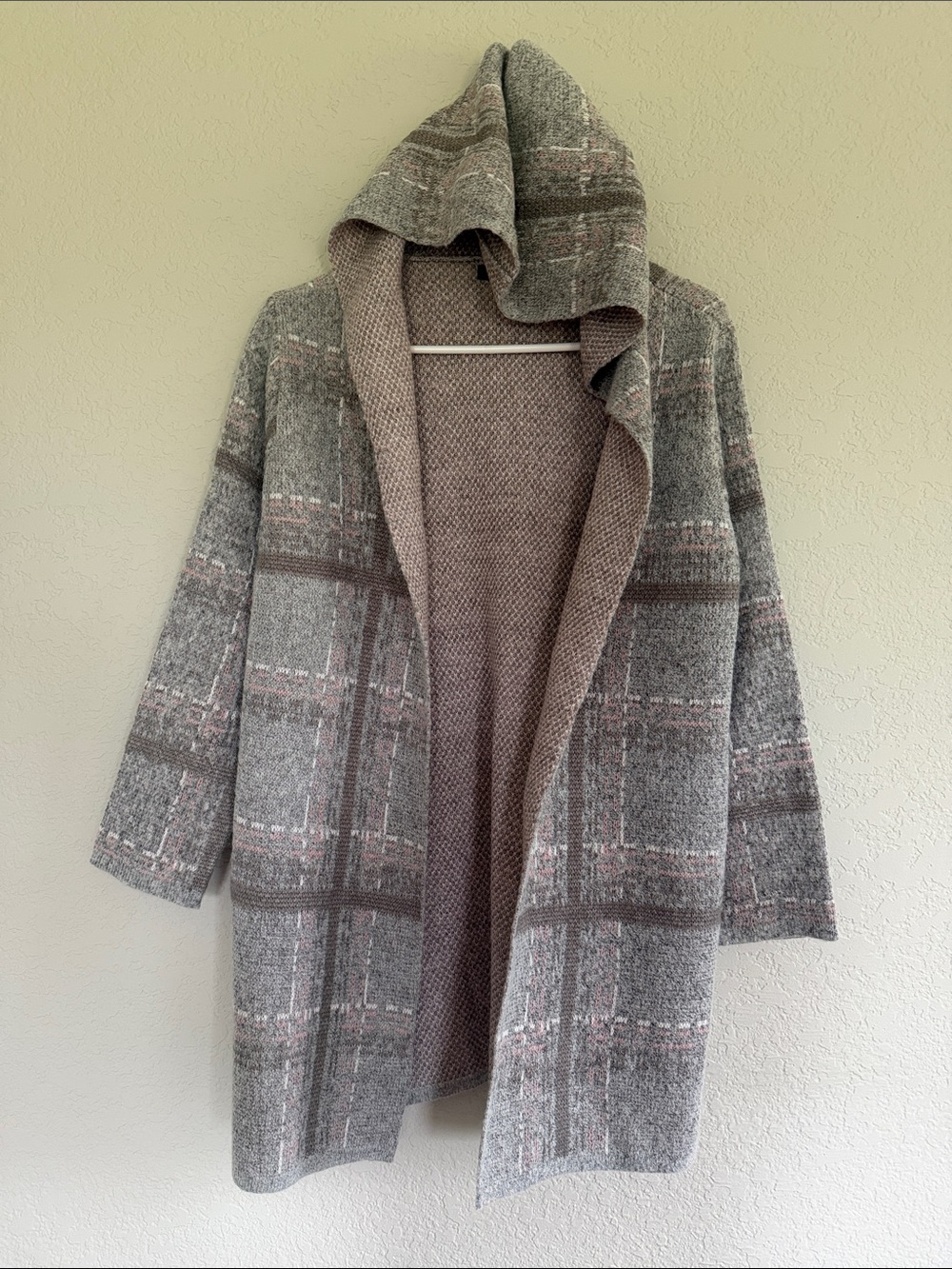 Hooded Open-Front Plaid Sweater Cardigan - Gray
